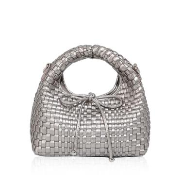 Imagem de JINMANXUE Mini bolsa feminina moderna, sacola de tecido, bolsa composta, bolsa de corrente de tricô, bolsas de ombro transversais, Laço cinza prateado