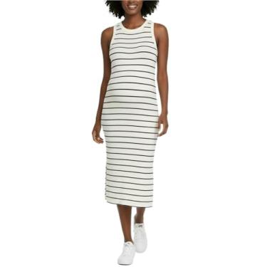 Imagem de Motherhood Maternity Vestido feminino colado ao corpo midi de malha canelada costas nadador sem mangas, Baunilha/listra preta, P