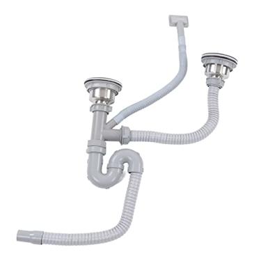 Imagem de Ejoyous Tubo de drenagem para pia de cozinha, conjunto de drenagem para pia dupla, conjunto de sifão de pia de 12 peças para cozinha mangueira de drenagem flexível em forma de S, para lavatório