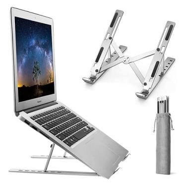 Imagem de Suporte Premium para Notebook e Tablet em Alumínio – Dobrável, Ergonômico e Ajustável em 6 Níveis de Altura, Leve e Portátil – Compatível com Laptops e iPads + Estojo para Armazenagem