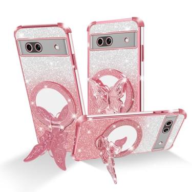 Imagem de Easyscen Capa para celular Google Pixel 7A (6,1 polegadas), com suporte de borboleta e 4 cantos de airbag, capa protetora à prova de choque de luxo com glitter para mulheres - ouro rosa