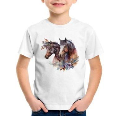 Imagem de Camiseta Infantil Casal de cavalos e flores - Foca na Moda, Branco, 4