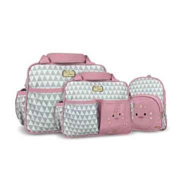 Imagem de Kit Bolsa Maternidade + Mochila 3 Peças Rosa com Cinza Tigre Felino Su