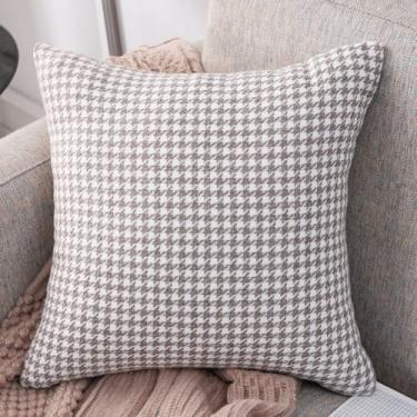 Imagem de Fronha de linho Houndstooth branca, almofada de encosto de cabeça, almofada de encosto, almofada lombar de carro, fronha de sofá, 50 x 50 cm