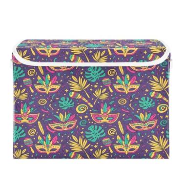 Imagem de Wassud Cestos de armazenamento dobráveis com tampas coloridas carnaval carnaval cestas organizadoras de tecido dobrável para armário, casa e decoração sazonal 41,5 x 32,5 x 30,8 cm