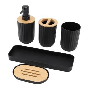 Imagem de Brrnoo Conjunto de Acessórios para Banheiro, Organizador de Banheiro de Material de Madeira e PP Com Dispensador de Loção Copo para Escova de Dentes Bandeja para Caixa de Sabonete,