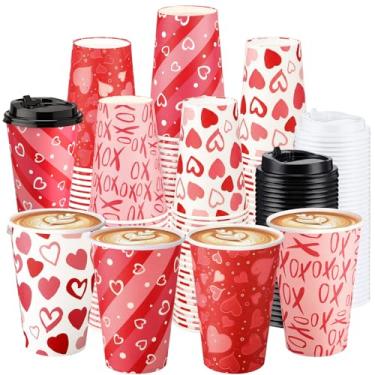 Imagem de Potchen 100 peças de xícaras de café descartáveis para o dia dos namorados com tampas 340 g copos de papel coração vermelho bebendo suprimentos de festa de feriado para suco, café, bebida quente e