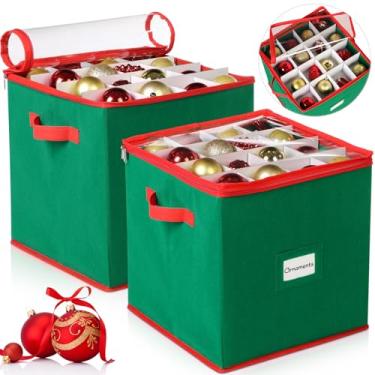 Imagem de Chengu Pacote com 2 unidades de armazenamento de enfeites de Natal armazena até 64 acessórios de bola de Natal com divisórias ajustáveis, fecho de zíper, duas alças para ornamentos de férias e