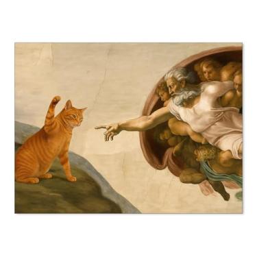 Imagem de FoxUncle Cartazes engraçados em tela de gato, humor, arte de parede renascentista, divertida, Michelangelo, paródia, estampas, vintage, animal fofo, decoração de parede para sala de estar, quarto