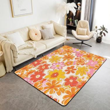 Imagem de Tapetes de sala de estar descolados com flores retrô dos anos 60 vintage dos anos 70, padrão de decoração, tapete hippie descolado, tapete de destaque, tapete de chão interno acolchoado amarelo tapete de área infantil 3x5
