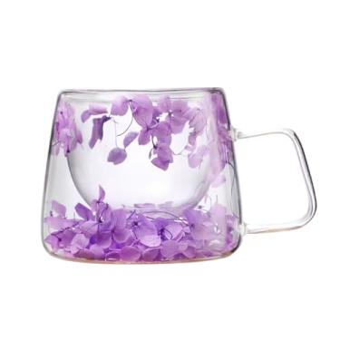 Imagem de Xícara de chá de vidro de camada dupla, caneca de café de flor transparente com alça 200 ml, caneca estética de flores secas para leite chá, café e bebidas (roxa)