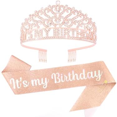 Imagem de CUBACO Coroa e faixa de feliz aniversário para mulheres, meninas, Its My Birthday Tiara para mulheres, tiara de princesa, coroa de acessórios de cabelo, decorações de festa com glitter, ouro rosa