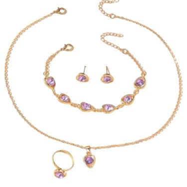 Imagem de FLORA Conjunto de colar brincos anel e pulseira em formato de coração conjunto de colar em formato de coração conjunto de colar em liga metálica moda feminina (DOURADO/LILAS)