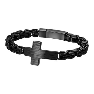 Imagem de Rofusn Pulseira masculina com cruz de corrente bizantina: joia punk hip hop religiosa cristã de aço inoxidável para o dia dos pais, Medium, Metal, Sem Pedra Preciosa