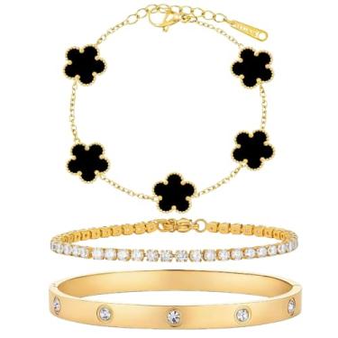 Imagem de Pulseiras femininas, banhado a ouro 18 K, conjunto de pulseiras de tênis com trevo floral, 3 peças, aço inoxidável, zircônia cúbica, não mancha, joia moderna, presente para ela no dia dos namorados