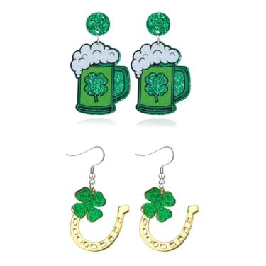 Imagem de Brincos de Dia de São Patrício de folha verde para mulheres, trevo irlandês, brincos pendentes de acrílico, chapéu verde, trevo, ferradura, acessórios de joias da sorte para festival irlandês, Medium,