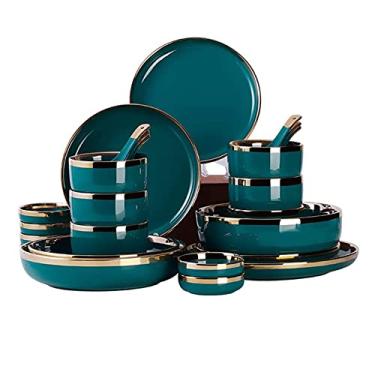 Imagem de U5GAAALPPQ9 Bone China Conjunto de louça de cerâmica nórdica, conjunto de serviço de jantar de porcelana com aro dourado, prato de bolo, bife, prato de jantar, serviço de presente para 6 pessoas