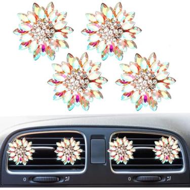 Imagem de 4 peças de clipes de ventilação de carro com pedras preciosas de girassol de cristal brilhante, saída de ar condicionado automático de strass, pingente difusor de ambientador, acessório de decoração