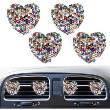 Imagem de 4 peças de clipes de ventilação de carro em forma de coração fofos de cristal brilhante, saída de ar condicionado automático de strass, pingente difusor de aromatizador, acessório de decoração de