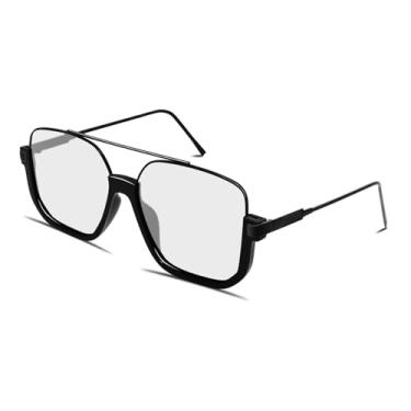 Imagem de GUVIVI Óculos de sol aviador retrô grandes para mulheres e homens, óculos de sol piloto quadrado ponte dupla anos 70 óculos de sol modernos, Armação preta - Lente clara azul, oversize