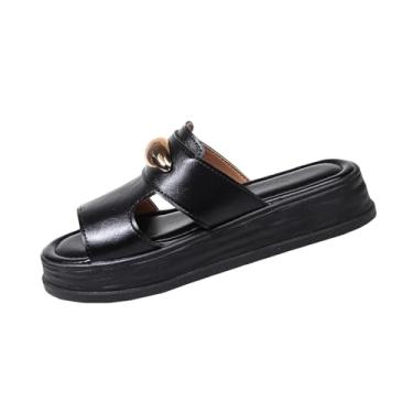 Imagem de Sandálias femininas com fivela de metal plataforma aberta confortáveis e modernas para primavera verão design casual que aumenta a altura, Preto, 35