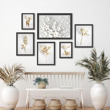 Imagem de Kit Quadros Suaves Flores Branco com Dourado - 6 Peças