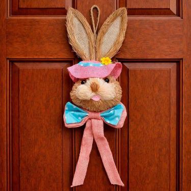 Imagem de Decoração Páscoa Pendente Cabeça Coelho Com Laço Palha 65cm Rosa