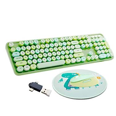 Imagem de Seaciyan Conjunto de teclado e mouse sem fio, ergonômico, fofo, retrô, máquina de escrever, tamanho completo, colorido, USB, sem fio, conjunto de mouse para jogos e escritório (verde)