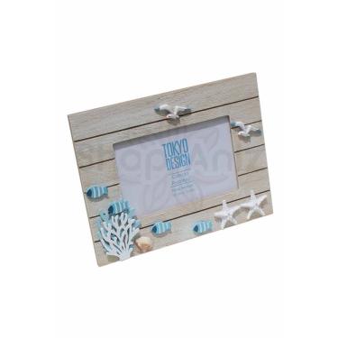 Imagem de Porta Retrato em Madeira Foto 10x15 Maritimo Estrelas Peixes