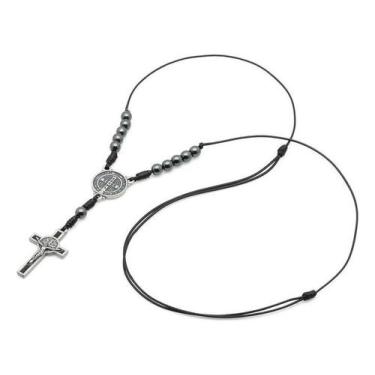 Imagem de Colar Masculino Crucifixo com medalha de São Bento Hematita 6 mm AR374