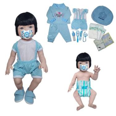 Imagem de Boneco Bebê Reborn Silicone 2 trocas + 19 Itens azul claro - Mamãe Reb
