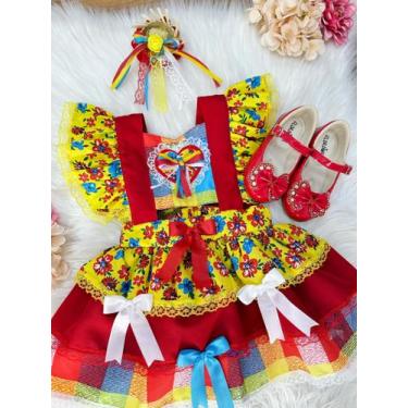 Imagem de Romper jardineira Junino Amarelo Colorido Com Laço de Chapéuzinho - lu