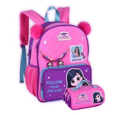 Imagem de Kit Mochila Luluca Costas E Estojo Triplo Pandinhas Meninas Cor:Rosa -