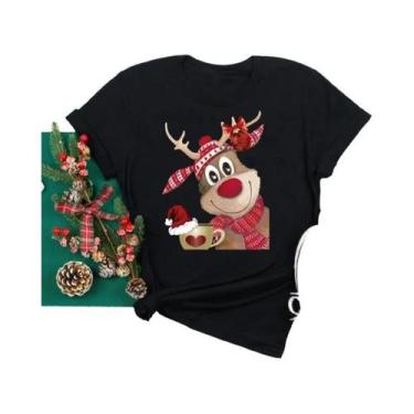 Imagem de Camiseta Feminina De Natal Com Estampa De Rena E Papai Noel, Gola O, E