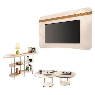 Imagem de Painel Suspenso Off White Cinamomo Com Kit Mesa De CentroE AparadorOff White-Hb Móveis