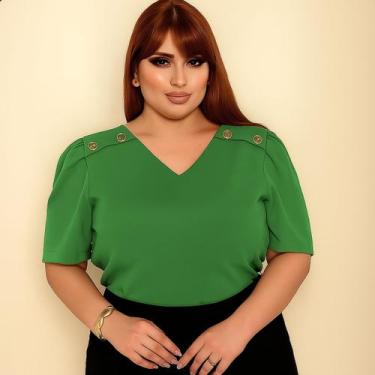 Imagem de Blusa Feminina Plus Size Linho Alfaiataria com Botão - G-Store, Verde 