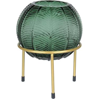 Imagem de VASO DECORATIVO ENFEITE PLANTA FOLHAS COM SUPORTE METAL VIDRO 21x15x15cm VERDE