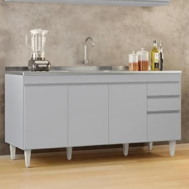 Imagem de Balcão de Cozinha com Pia Inox 160cm Arkansas Cinza Claro   - Lumil