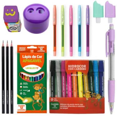 Imagem de Kit Material Escolar Canetinha + Lapis De Cor + Marca Texto Esferograf