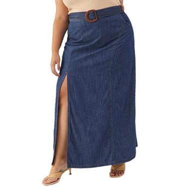 Imagem de Saia Longa Plus Size Izzat Jeans Azul Escuro com Cinto e Fenda Frontal