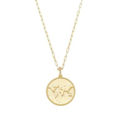 Imagem de Colar feminino medalha mapa mundi sonhe alto folheado a ouro 18k - PIU