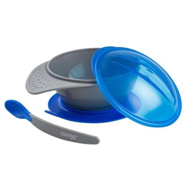 Imagem de Prato Infantil  C/ Ventosa E Colher  Clingo Liso, COR AZUL/CINZA