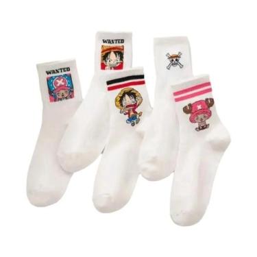 Imagem de Meias Unissex De Algodão Branco Com Estampa De Anime Luffy, 5 Pares, E