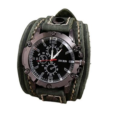 Imagem de Generic Relógio de pulso estilo punk hip hop, pulseira larga de couro PU pulseira de quartzo, pulseira de relógio masculino, Verde
