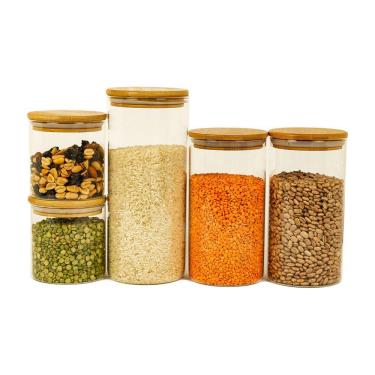 Imagem de Kit 5 Potes De Vidro Com Tampa Bambu 1650/1100/500Ml