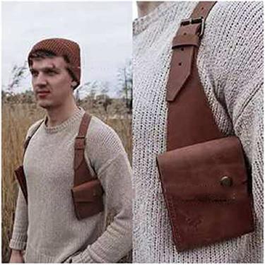 Imagem de KRASS Bolsa de ombro masculina com alça escondida bolsa de ombro retrô ajustável couro PU bolsa de ombro duplo bolsa de axila coldre steampunk coldre carteira antirroubo, marrom, colecionador88