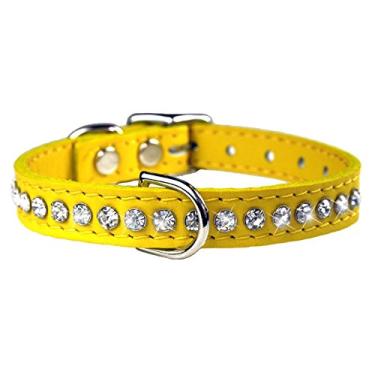 Imagem de OmniPet Coleira de couro de cristal para cães, couro de grão sólido amarelo, serve para pescoço de 29 a 34 cm
