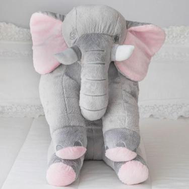 Imagem de Almofada Travesseiro Elefante Pelúcia Soninho Bebê Cinza Com Rosa 80cm