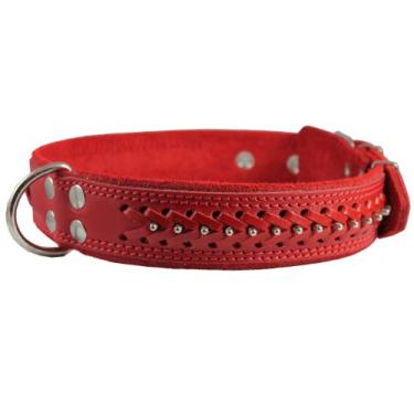 Imagem de Coleira de couro genuíno trançada para cães, vermelha de 3,8 cm de largura. Serve para pescoço de 48 cm a 61 cm, pastor-alemão, Akita