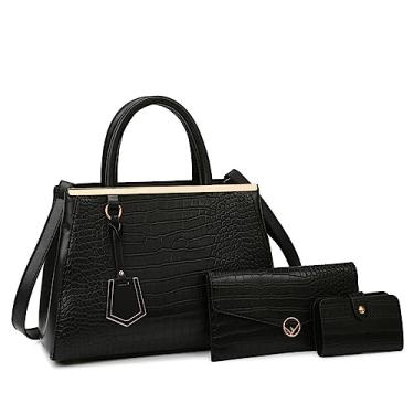 Imagem de Bolsa feminina com alça superior bolsa de couro com estampa de crocodilo bolsa transversal moda feminina bolsa de ombro, Preto